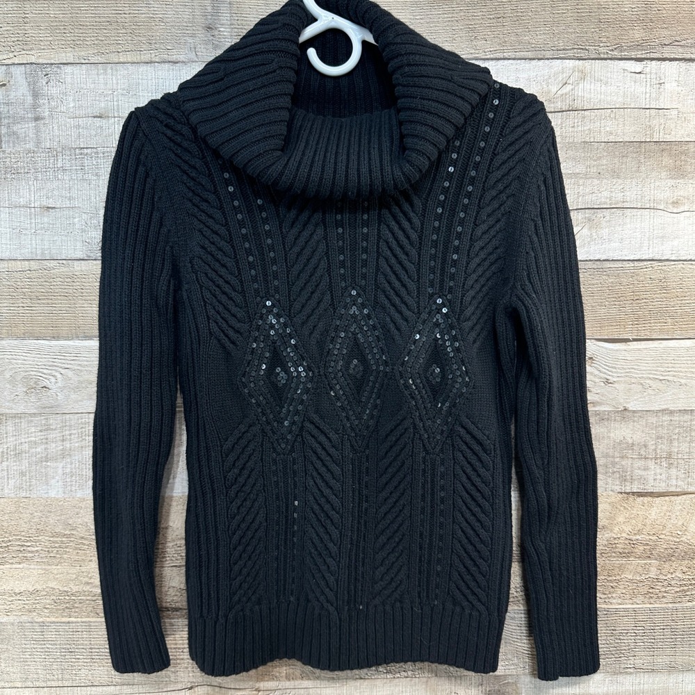 Talbots Petites Black‎ Cable Knit Sequin Diamond Turtleneck Sweater Womens Small